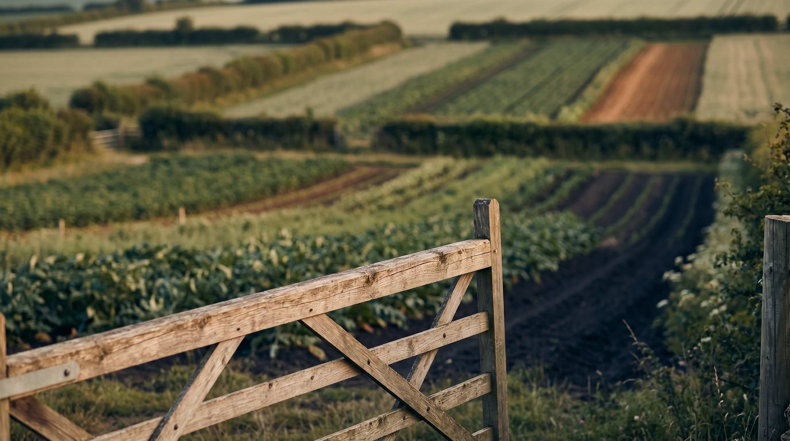 Wide-angle editorial photograph of a wooden farm gate at golden hour with fields softly out of focus behind it, no people, no signage.